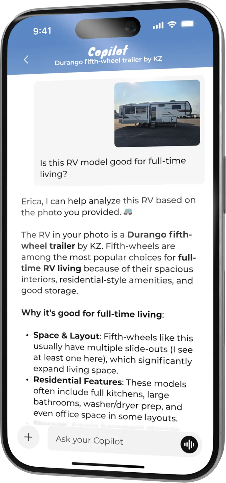 Ask RVwise.AI chat answering an RV question