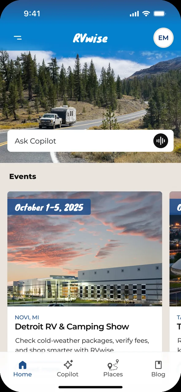 RVwise.AI app home screen with Ask Copilot and upcoming RV events